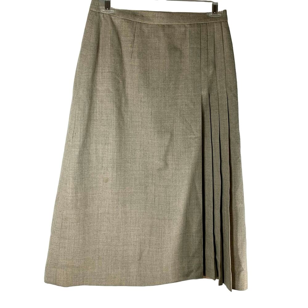 Vintage P.B.D. 100% Wool Tweed Tan Twill Midi Pleated Lined Skirt Size 11/12
